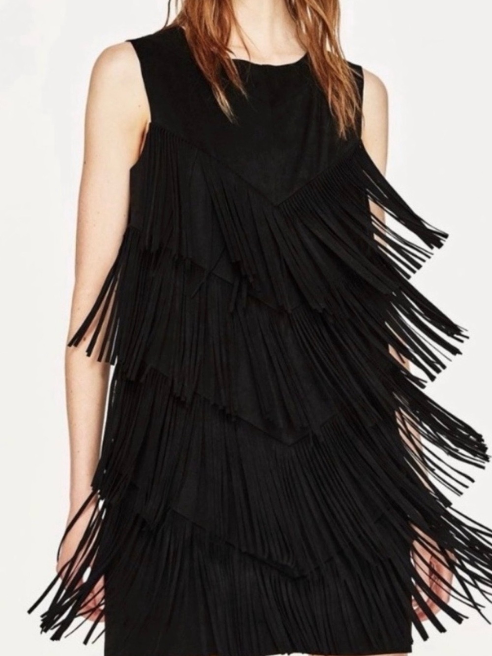Zara Black Tiered Fringe Sleeveless Dress
